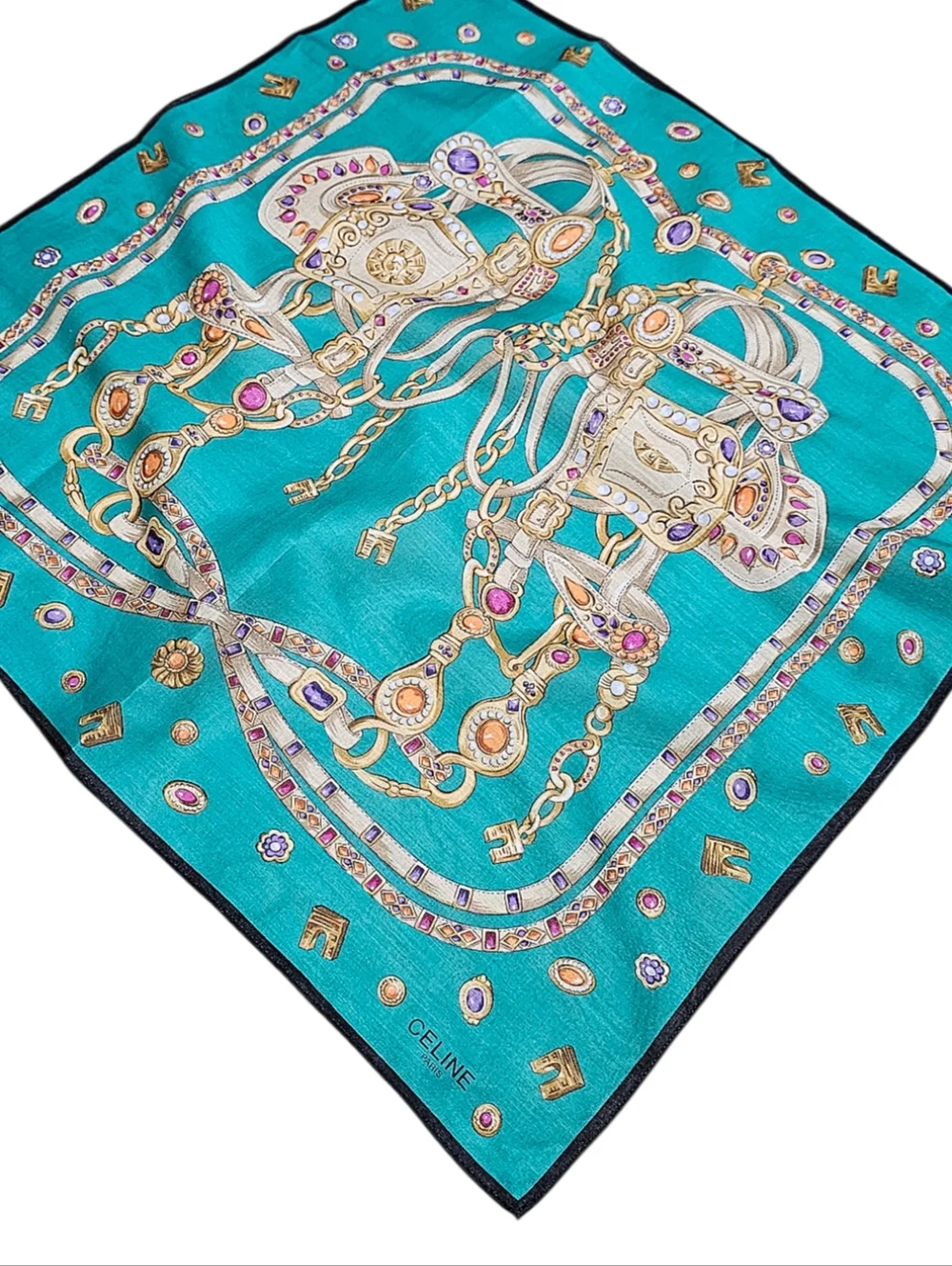 Celine Turquoise Silk Scarf with Gold and Jewel Accents